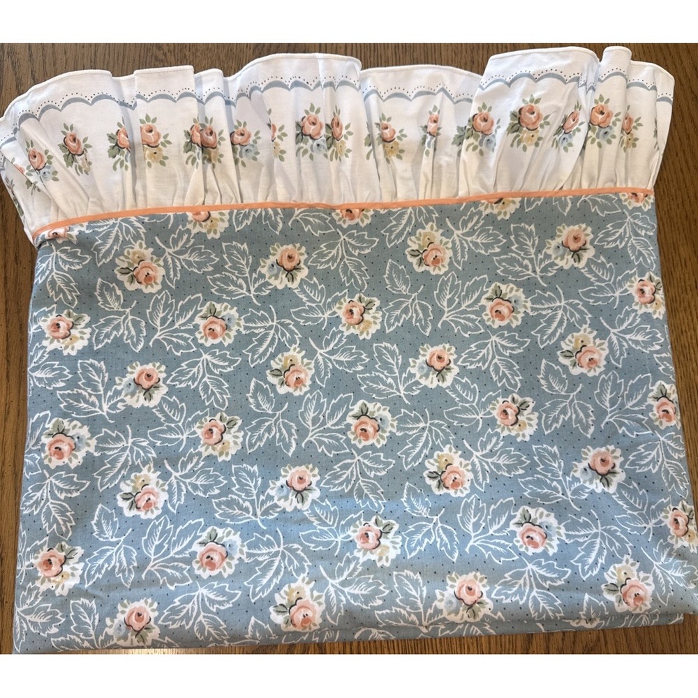 VTG Lady Pepperell Flat Sheet Ruffled Top Blue Pink Rose Floral Cottage Twin